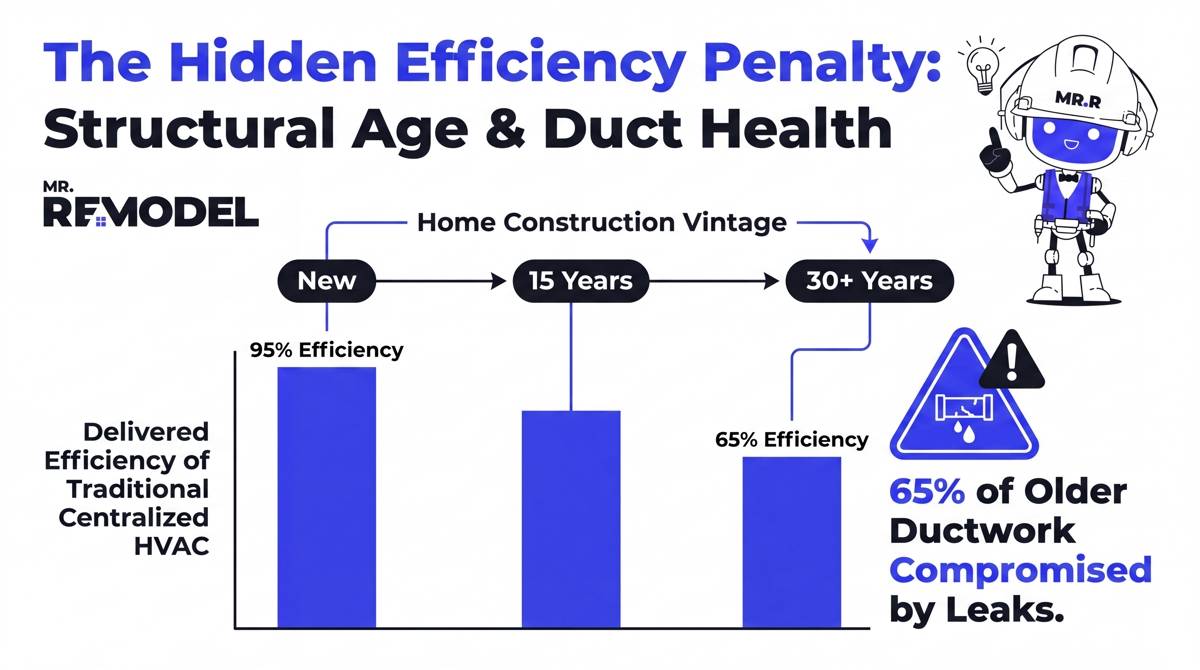 A vertical infographic that visualizes the key takeaway: "In homes older than 25 years, 65% of existing air ducts suffer from deterioration." It shows a timeline of home age (New Construction, 15 Years, 30+ Years) alongside a descending efficiency bar chart for traditional centralized systems, showing massive energy loss due to duct leakage in older homes.